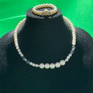 Elegant Faux Pearl Necklace & Bracelet Set w/Adjustable Chain & Crystal Accents